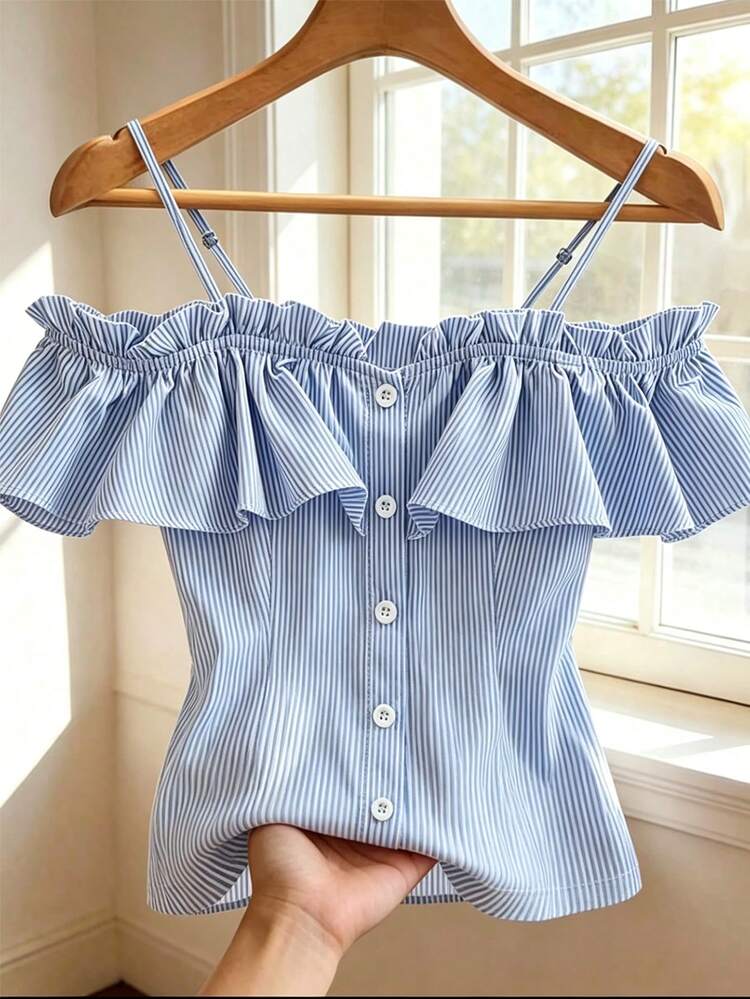 Elenzga Blusa de mujer con diseño de botones, volantes y rayas en patchwork con hombros descubiertos - Azul - Añade 8
