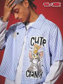 TOM & JERRY X SHEIN PAVTROS Men's Cartoon Pattern Print Plaid Single-Breasted Short Sleeve Shirt - Multicolor - View 5