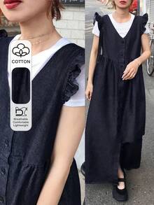 FRIFUL 女士V领荷叶边袖口牛仔连衣裙，休闲度假及日常通勤，夏季 - 藍色 - 查看 1