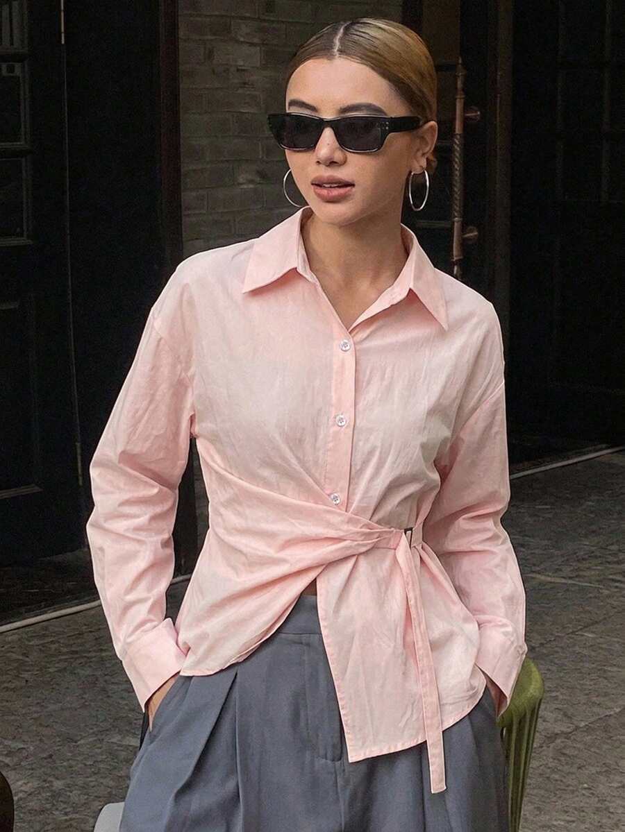 DAZY 女款純色收腰長袖休閒老錢風優雅夏季襯衫,適合校園穿搭 - 粉色 - 查看 1