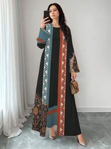 SHEIN Najma 復古花卉植物印花優雅波希米亞風女裝，春夏時尚圓領長洋裝與開襟上衣兩件套，阿拉伯風情服飾 - 彩色 - 查看 4