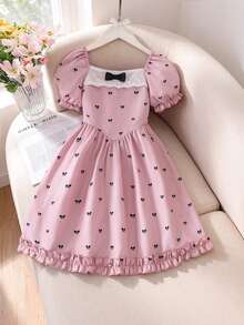 SHEIN Elladie kids 1pc Girls Summer New Square Neck Puff Short Sleeve Ruffle Baby Pink Bow Print Elastic Waist Front Neckline Lace Bow A-Line Pastoral Academy Style - Pink - View 4