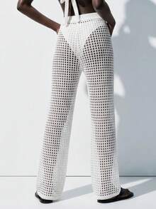 SHEIN Summer Beach Hollow Out Crochet Cover Up Pants Vacation White - White - View 3