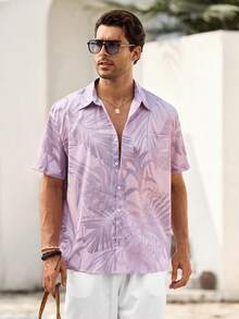 Mercer Haus Vintage Hawaii Blatt- & Blumen 3D Digital Muster Oversized, locker sitzende, leichte Kurzarm Hemd mit Knopfleiste für Herren - Mauve - Übersicht 5