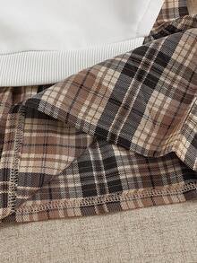 SHEIN 1pc Baby Girl Round Neck Long Sleeve Brown Plaid Sweatshirt With Patchwork Hem Dress, Featuring English Letter Bow Print, Casual Cute Vintage Fashion - Apricot - View 9
