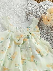 SHEIN 女童 3D 蝴蝶結與花卉印花無袖公主洋裝，適合日常穿著、外出、度假、旅行與節日 - 黃色 - 查看 5