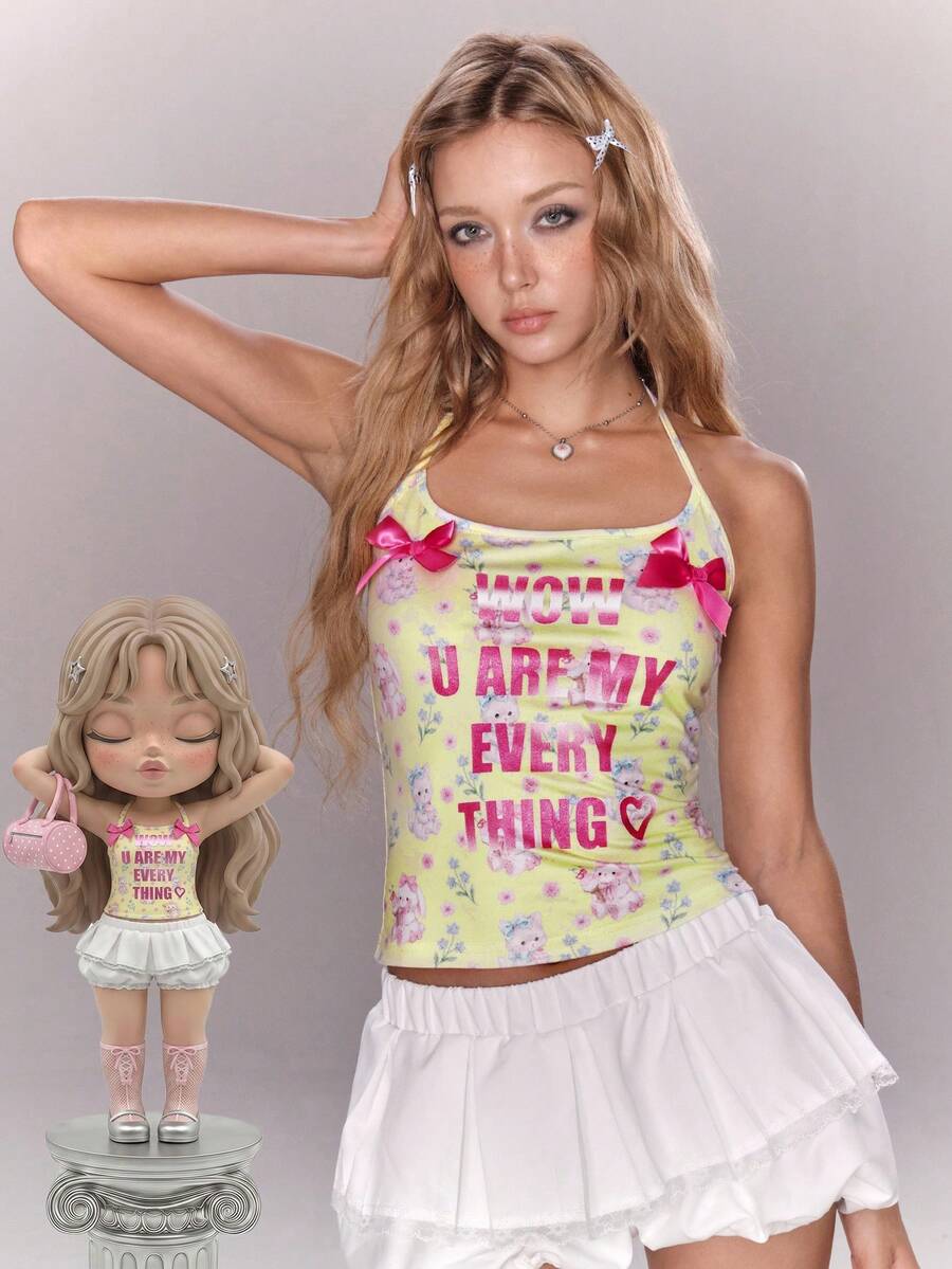 ROMWE Kawaii 女款可愛兔子與貓咪印花字母箔 3D 蝴蝶結裝飾掛脖背心 - 鵝黃色 - 查看 1