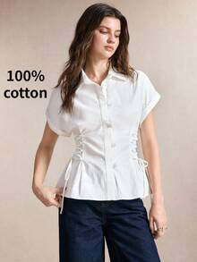 BizChic White Waist-Cinching Tie-Front Bow Blouse, Business Formal, Vacation, Slouchy, Commute, Date, Daily, Office, Independence Day, Graduation Season, Music Festival, Slimming, Elegant, Versatile, Summer, Party, Wedding Guest, Outing, Beach, Gathering, Social, Holiday, Shopping, Afternoon Tea, Travel, Y2K - White - View 5