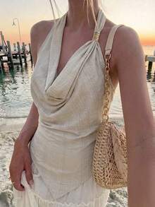 Selianne Spring/Summer Women's Metal Buckle Hanging Collar Asymmetric Hem Tie Back Open Back Elegant Sexy Blouse, Date Vacation Daily Party Top Light Grey - Apricot - View 7