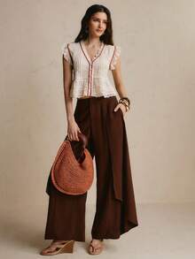 CielaLinda Women's Ruffle V-Neck Lace Cutout Trim Blouse With Flutter Sleeves - Apricot - View 3