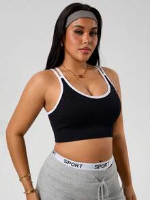 SHEIN Sports Women's Plus Size Colorblock Everyday Fitness Sports Bra - Black - View 1