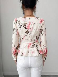 SHEIN Elenzya Best-Selling Rose Floral Print Design With Chiffon Printed Ruffle Collar, Cinched Waist, Small A-Line Hem, Long Sleeve, Exquisite Elegant Casual Daily Women's Blouse For Spring, Summer, Autumn - Multicolor - View 3