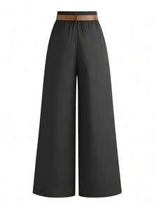 SHEIN Tall CURVE 加大码 TALL 系列女士简约褶裥直筒裤，适合通勤 - 灰色 - 查看 2