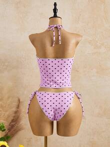 Swim Mod Vacation Beach Polka Dot Print Tankini Set - Pink - View 10