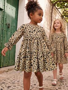 Maija Kids Maija Kids 1件兒童小女孩雙胞胎女孩碎花圓領泡泡袖修身休閒蛋糕A字洋裝，秋冬新款，小女孩，媽媽與姊妹 & 我套裝，返校穿搭 - 彩色 - 查看 1
