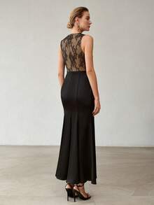 MOTF PREMIUM FRÜHLING/SOMMER ELEGANTES DAMENSTIL DATE ABENDPARTY HOCHWERTIG TRANSPARENTE SPITZE PATCHWORK TAILLENBETONEND SCHLANKMACHEND LANG ÄRMELLOSES KLEID - Schwarz - Übersicht 3