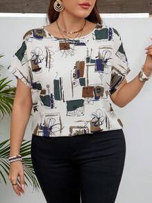 SHEIN LUNE Artistic Simple Sketch Round-Neck Plus Size Pullover Shirt - Multicolor - View 1