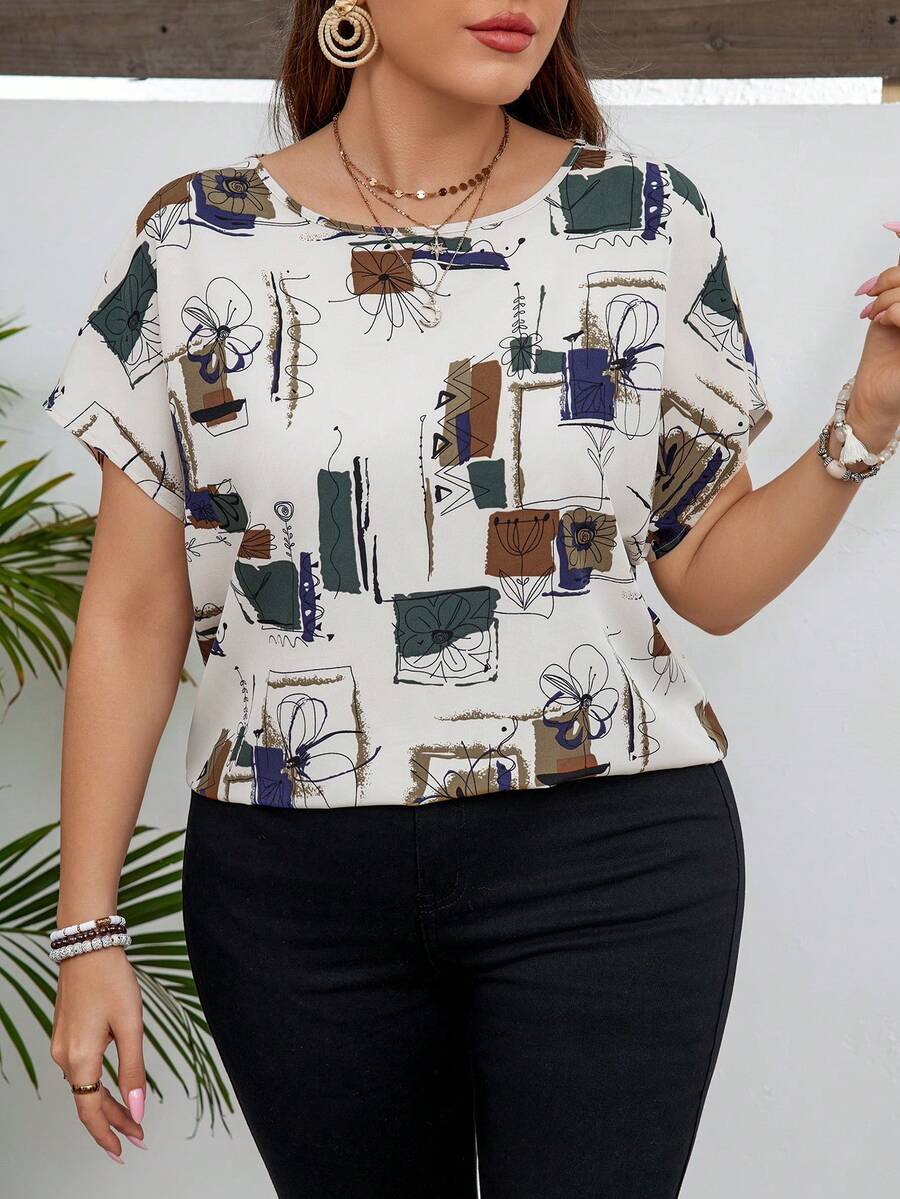 SHEIN LUNE Artistic Simple Sketch Round-Neck Plus Size Pullover Shirt - Multicolor - View 1