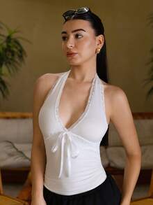 Andrea Bello Women's Y2K Sexy Contrast Lace Halter Backless Camisole Summer White - White - View 4