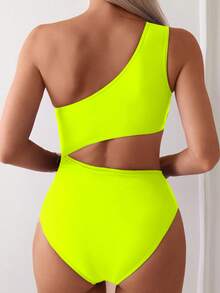 Swim Basics Baju Renang Wanita Model One-Piece Warna Hijau Neon dengan Potongan di Pinggang dan Satu Bahu untuk Liburan - Kuning - View 2