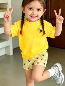 SHEIN 2件組嬰兒與幼兒蜜蜂花卉印花條紋短袖T恤+短褲，輕量夏季套裝，適合日常穿著，可愛風格 - 彩色 - 查看 3