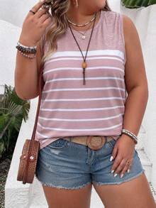 EMERY ROSE New Plus Size Women's Fashion Versatile Round Neck Colorblock Striped Print Tank Top - Multicolor - View 5