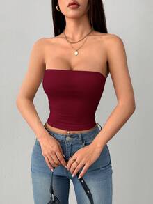 SHEIN PETITE 女款緊身休閒抹胸上衣，適合運動（含胸墊） - 酒紅色 - 查看 3