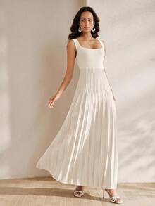 Anewsta Vestido de mujer de verano elegante de color liso de punto pesado con cuello bajo, ajustado, plisado y sin mangas - Blanco - Ver 5