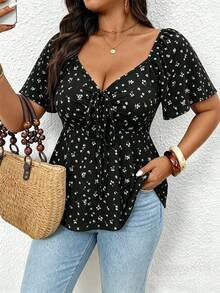 SHEIN Frenchy Plus Size Women's Ditsy Floral Front Tie Ruffle Short Sleeve T-Shirt For Vacation Brunch Birthday Black Summer Boho Gothic - Multicolor - View 5