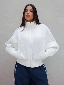 Maju Mazalli Everyday Fleece Warmth Whisperer Warm Front Back Seam Detailing Pockets Batwing Sleeve High Neckline Full-Zip Jacket Autumn Winter Sports - White - View 5