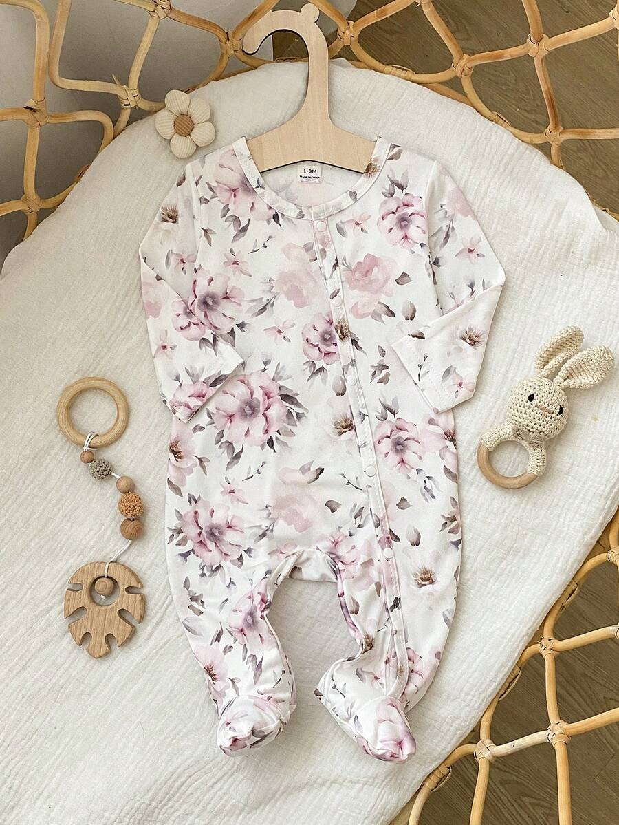 SHEIN 新生女嬰可愛蝴蝶結印花針織軟綿休閒圓領長袖連身連腳褲,柔軟舒適,情人節穿搭,情人節禮物 - 彩色 - 查看 1