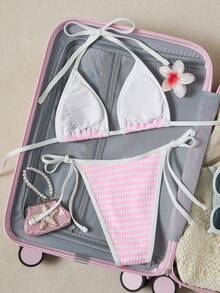Swim Mod Women's Casual Vacation Striped Halter Neck Bikini 2 Pieces Set Beach - Pink - View 6