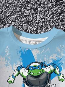 TEENAGE MUTANT NINJA TURTLES | SHEIN 小男孩對比色卡通印花T恤短褲套裝 - 白色 - 查看 8