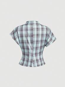 SHEIN MOD Summer Ruched Collar Asymmetrical Sleeve Side Cinched Waist Dusty Blue Bamboo Linen Women's Blouse Office Everyday School Classic Preppy Teachers' Day - Blue - View 5