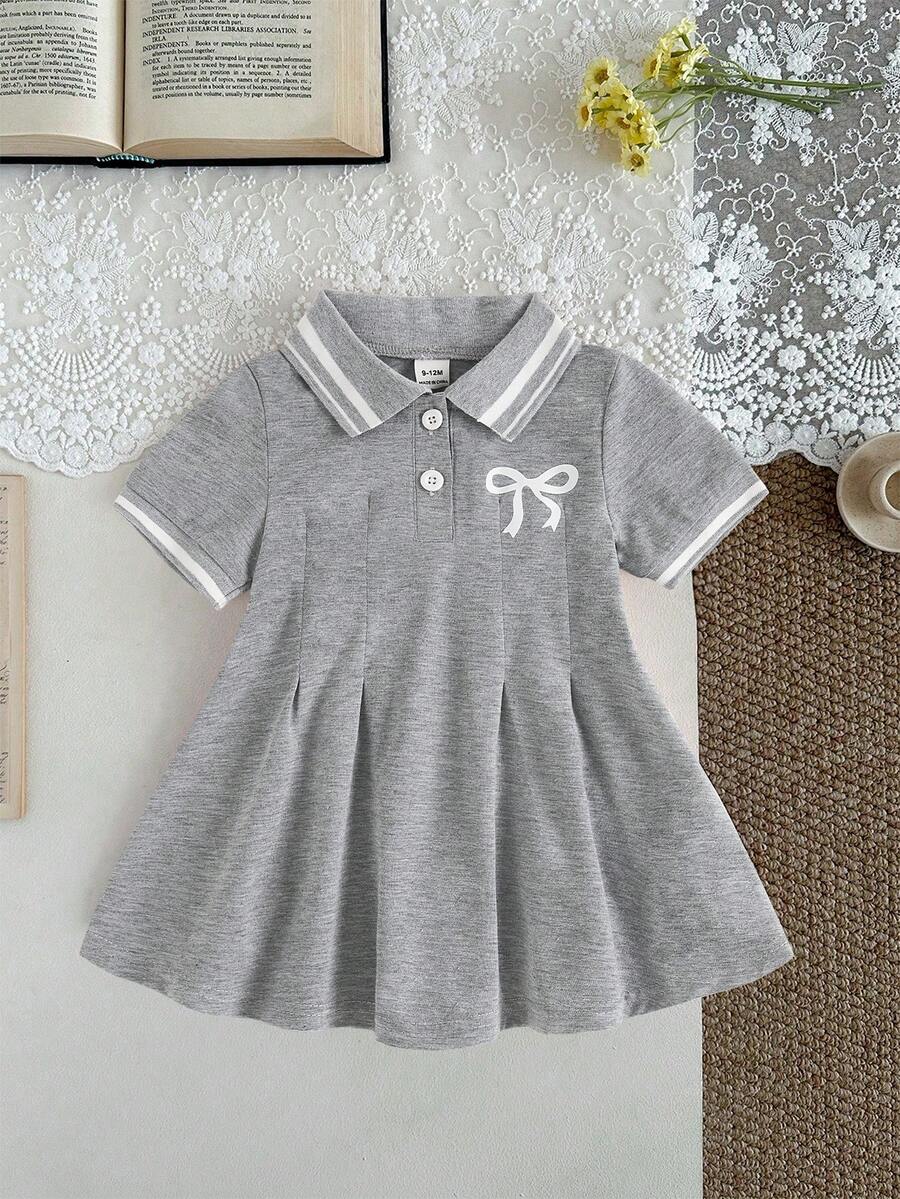 SHEIN 女嬰白色休閒洋裝,單件,羅紋領口,羅紋袖口,適合居家、休閒、外出、運動、派對 - 灰色 - 查看 1
