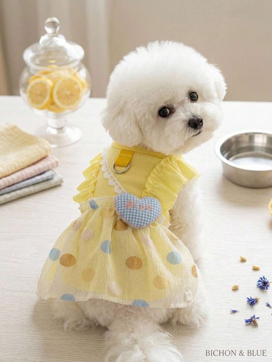 PETSIN 1件乳黄色爱心泡泡公主裙,冰丝防晒宠物服装(适用于猫狗) - 黃色 - 查看 1