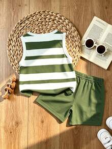 SHEIN Playful Pals 2pcs/Set Young Boy Casual Minimalist Striped Logo Print Tank Top And Logo Print Shorts, Suitable For Summer Outings - Multicolor - View 2