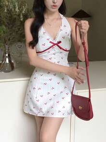 DAZY Women's All-Over Floral Print Tie Bow Korean Style Fresh Summer Dress Vacation Red And White Cute - White - View 3