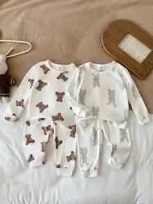 LMoss Kids Conjunto de 4 piezas de ropa de estar en casa para bebé niño con camiseta de cuello redondo de punto con estampado lindo de conejo & oso + pantalones largos de ajuste ceñido - Multicolor - Ver 10