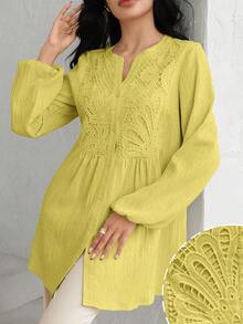 Graceveil Solid Color Lace Patchwork Textured Blouse - Yellow - View 3