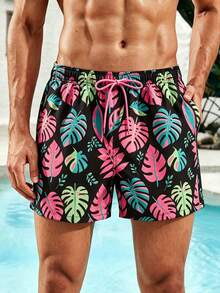 Manfinity Swimmode 男士熱帶植物印花抽繩腰沙灘短褲 - 彩色 - 查看 5