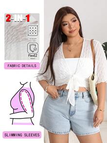 Solflare Plus Size Women's Solid Color Front Knot Short Sleeve Cropped Top Vacation White Summer - White - View 2