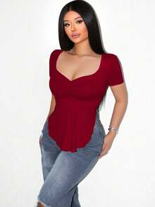 Sirith Foxxy Minimalis Warna Polos Kasual Leher Persegi Desain Hem Asimetris Lengan Panjang untuk Wanita Merah - Burgundy - View 5