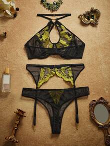 Spicy Aura Women's Mesh Thin Embroidered Sexy Multi-Piece Set Heart Halter Neck With Garter Belt And Thong 3pcs - Multicolor - View 2