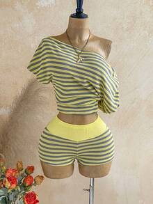 Soleia Plus Size Women's Striped Colorblock Asymmetrical Shoulder Top And Casual Sexy Shorts 2-Piece Set Beach Vacation Yellow Summer - Yellow - View 3
