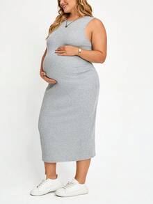 Plussiva Gaun Tank Top Pas Badan Warna Polos Ukuran Plus untuk Ibu Hamil, Gaun Musim Panas, Gaun Kasual untuk Wanita, Pakaian Kerja untuk Wanita - Grey - View 8