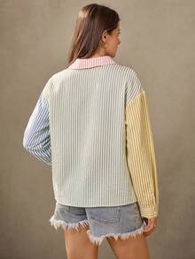 SHEIN LUNE Camisa casual de manga larga a rayas con un solo botón para mujer de talla grande - Rosa - Ver 5