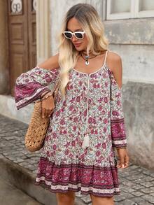 Brillora Women's Floral Print Off-Shoulder Spaghetti Strap Mini Dress For Vacation And Casual Wear - Multicolor - View 4