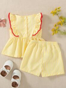 Souflis Souflis French Summer New Baby Girl Yellow Striped Cute Frill Trim Embroidered Cherry Design, Fashionable Contrast Color Trim Paired With Versatile Striped Shorts, Soft And Adorable, Suitable For School, Play, Shopping And Other Occasions - Yellow - View 4