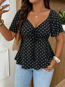 SHEIN Frenchy Plus Size Summer Casual Polka Dot Print T-Shirt - Black - View 1